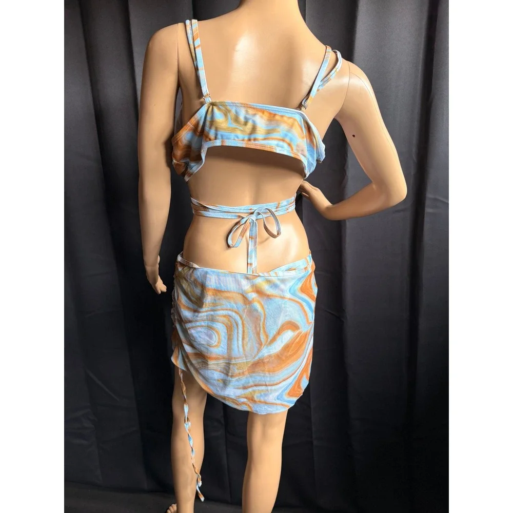 Marble Swirl 3 Piece Bikini Set Mesh Skirt Cover Up Blue Orange 2XL Coastal Y2K